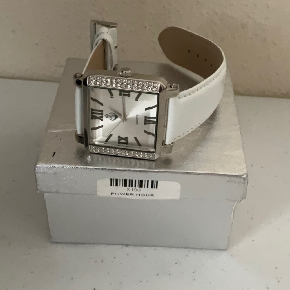 Premier Designs White Strap Watch with Silver Rhinestones